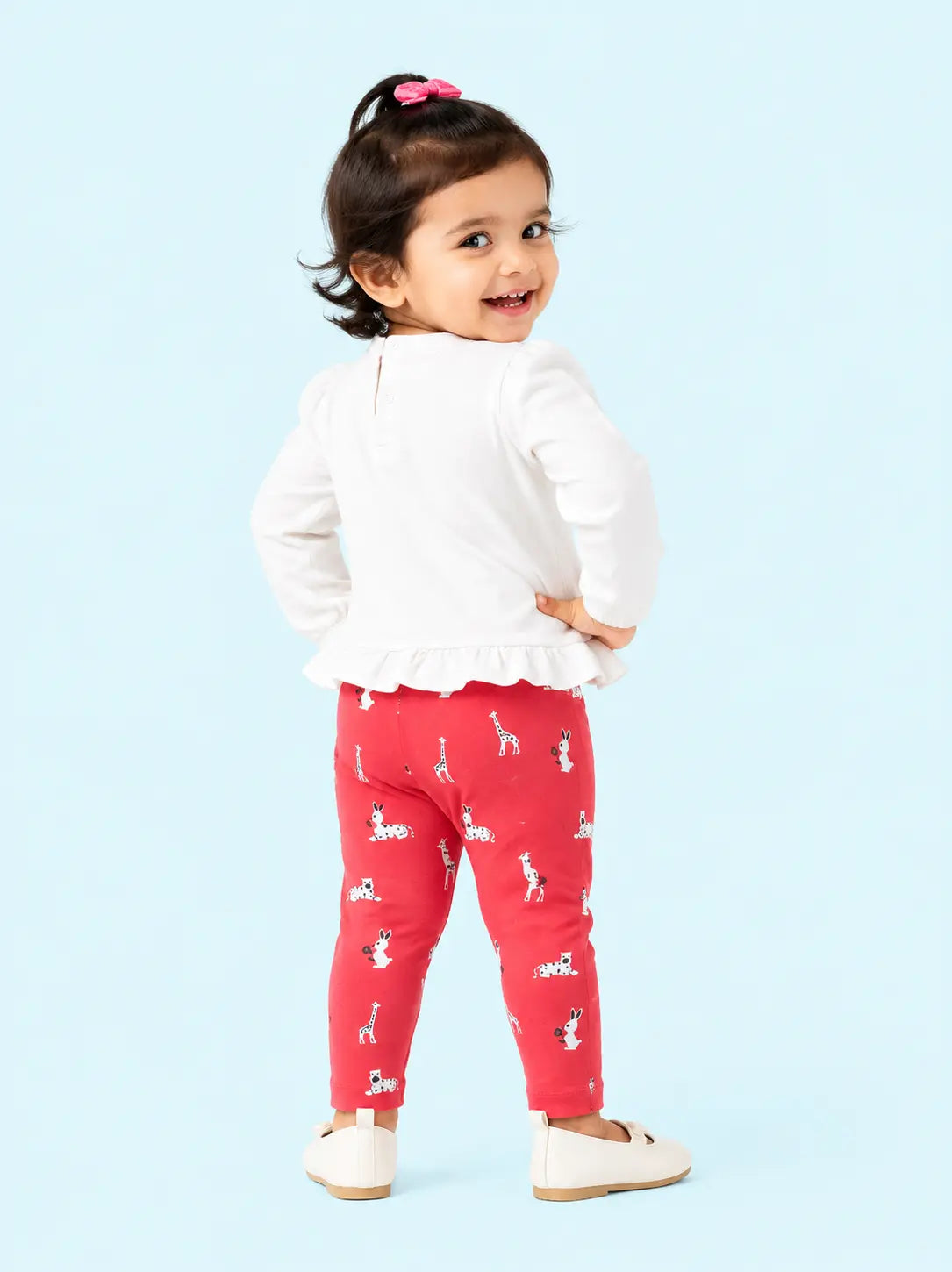 BloomUp White Bunny Graphic Peplum Top & Red Animal Print Leggings Set for Girls – Soft Cotton Baby Co-ord Outfit