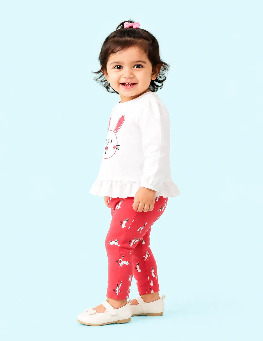 BloomUp White Bunny Graphic Peplum Top & Red Animal Print Leggings Set for Girls – Soft Cotton Baby Co-ord Outfit