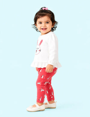 BloomUp White Bunny Graphic Peplum Top & Red Animal Print Leggings Set for Girls – Soft Cotton Baby Co-ord Outfit