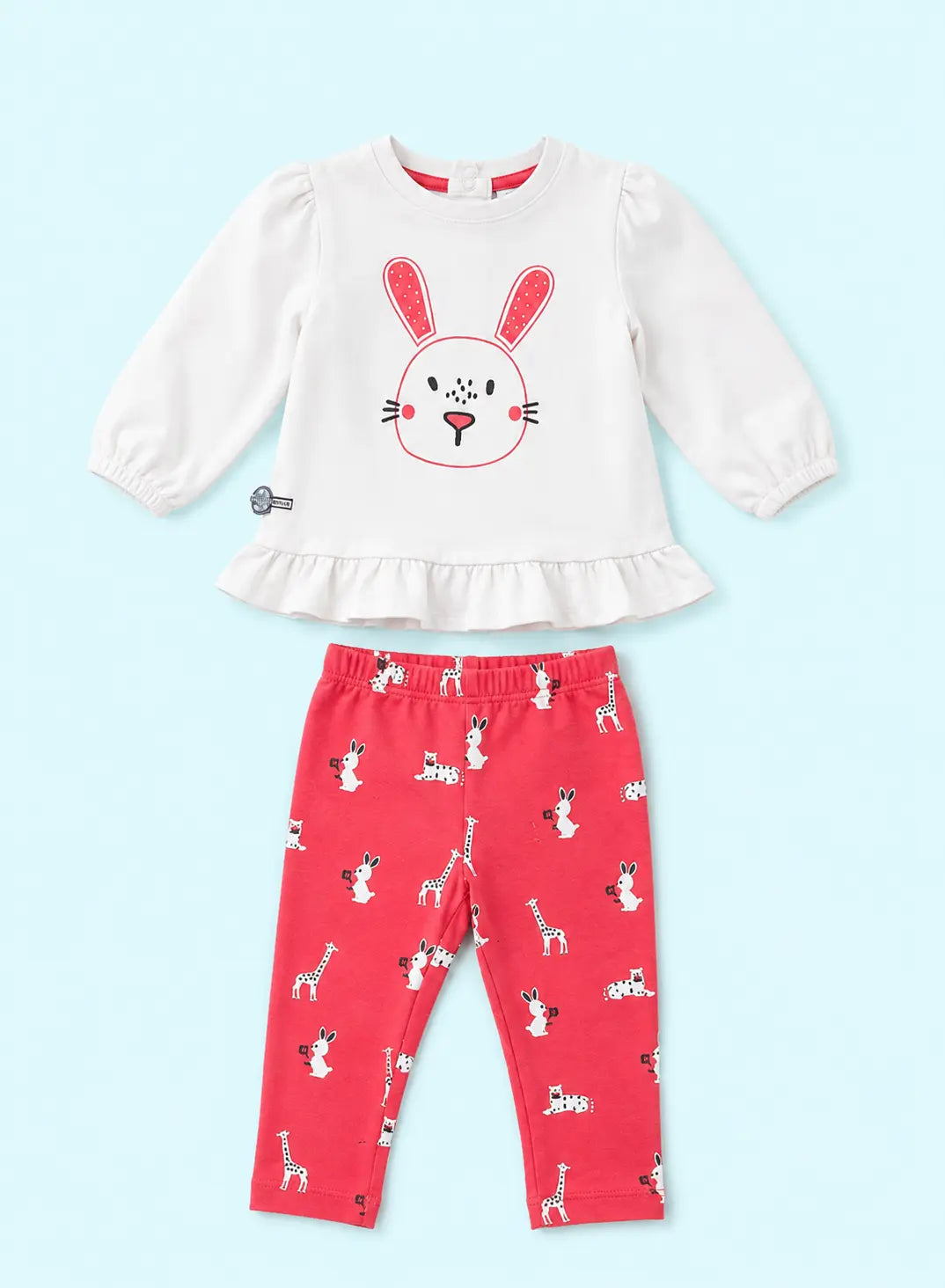 BloomUp White Bunny Graphic Peplum Top & Red Animal Print Leggings Set for Girls – Soft Cotton Baby Co-ord Outfit