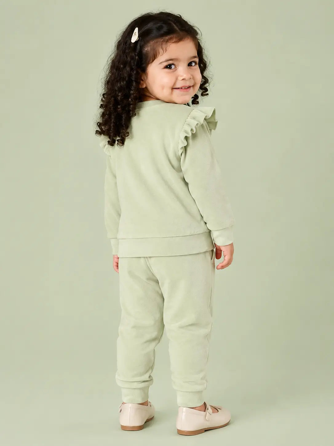 BloomUp Sage Green Rainbow Ruffle Sweatshirt & Jogger Set for Girls – Soft Velour Kids Winter Co-ord Outfit