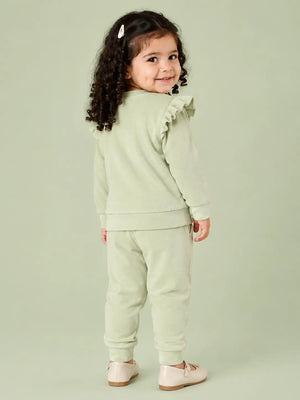 BloomUp Sage Green Rainbow Ruffle Sweatshirt & Jogger Set for Girls – Soft Velour Kids Winter Co-ord Outfit
