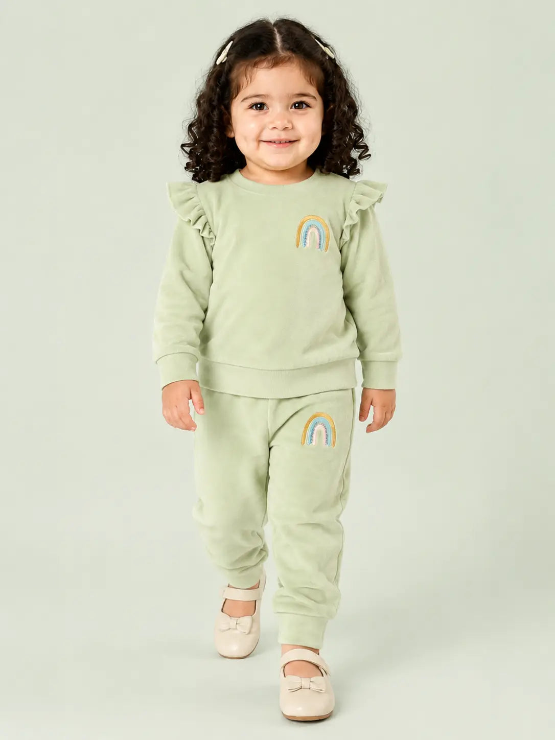 BloomUp Sage Green Rainbow Ruffle Sweatshirt & Jogger Set for Girls – Soft Velour Kids Winter Co-ord Outfit