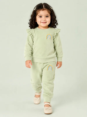 BloomUp Sage Green Rainbow Ruffle Sweatshirt & Jogger Set for Girls – Soft Velour Kids Winter Co-ord Outfit