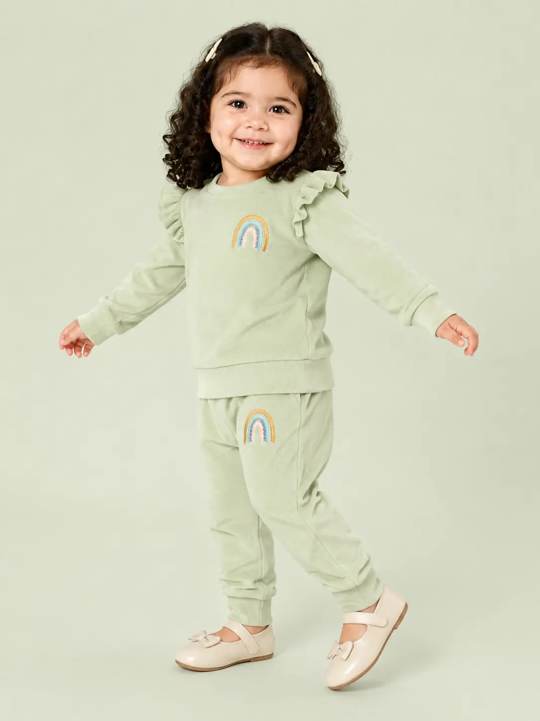 BloomUp Sage Green Rainbow Ruffle Sweatshirt & Jogger Set for Girls – Soft Velour Kids Winter Co-ord Outfit
