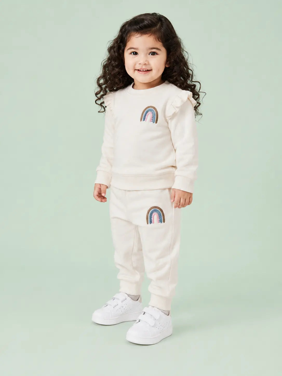 BloomUp Ivory Rainbow Applique Co-ord Set for Baby Girls – Soft Ruffle Sweatshirt & Jogger Pants Kids Outfit
