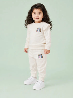 BloomUp Ivory Rainbow Applique Co-ord Set for Baby Girls – Soft Ruffle Sweatshirt & Jogger Pants Kids Outfit
