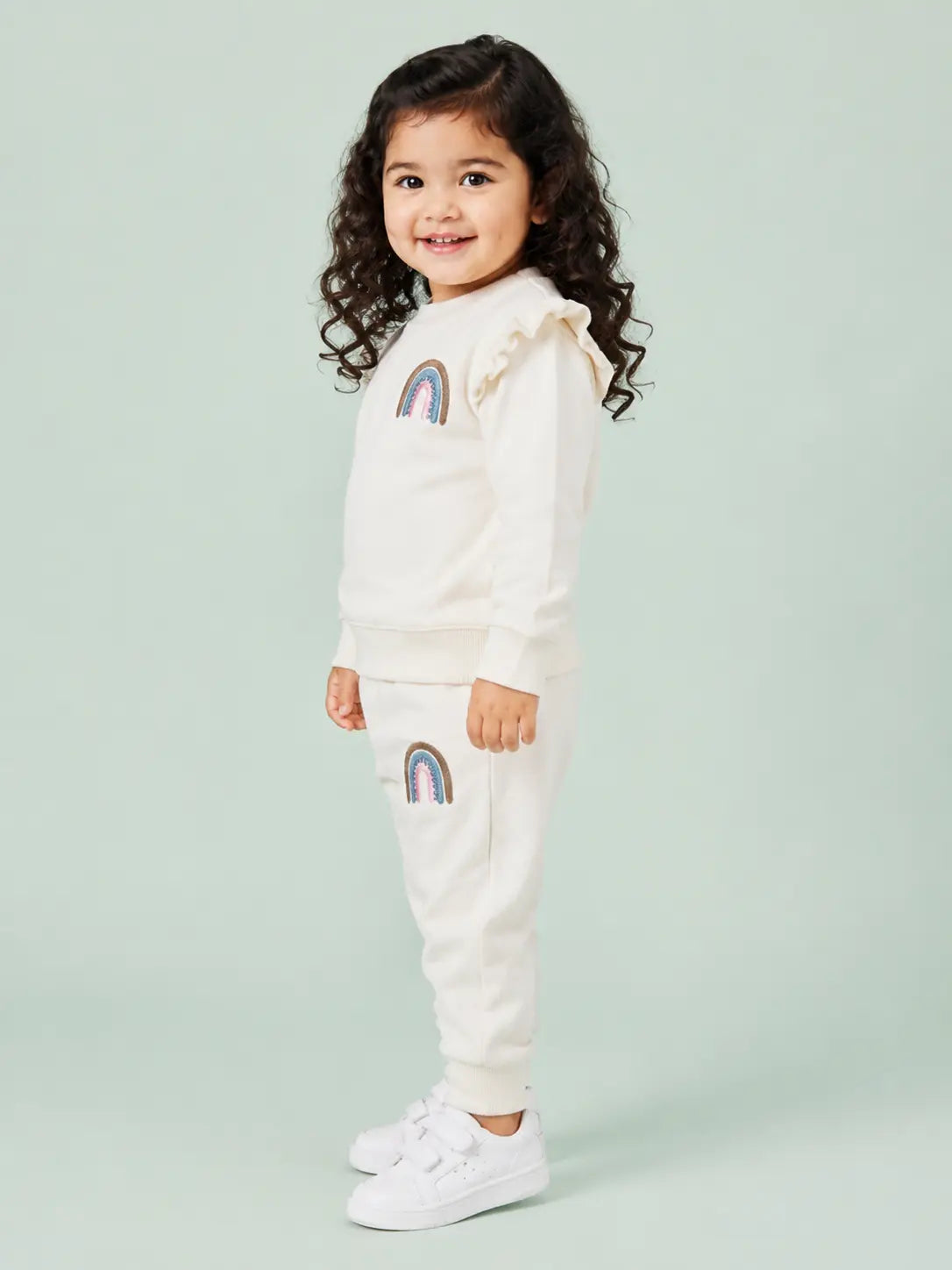 BloomUp Ivory Rainbow Applique Co-ord Set for Baby Girls – Soft Ruffle Sweatshirt & Jogger Pants Kids Outfit