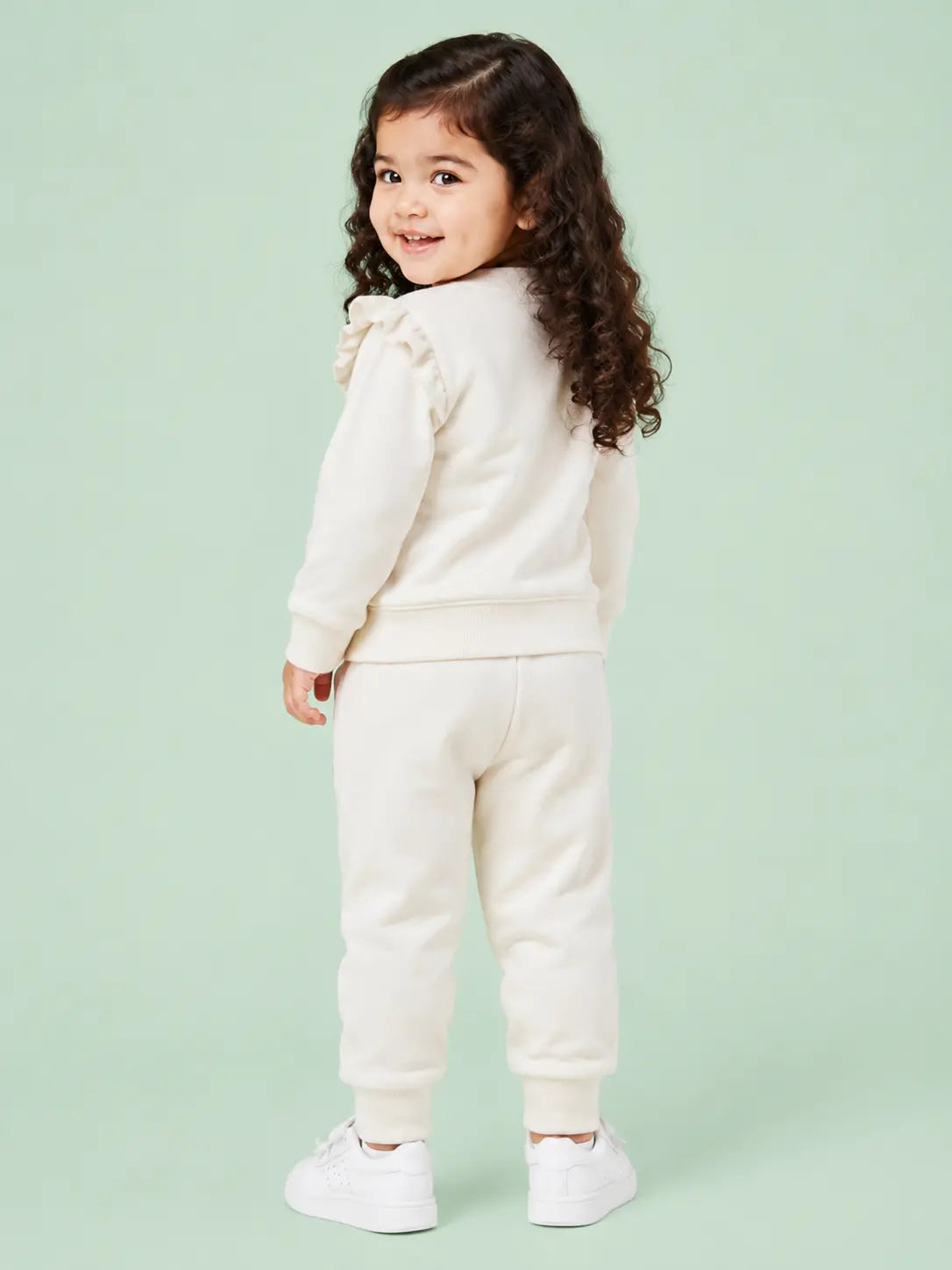 BloomUp Ivory Rainbow Applique Co-ord Set for Baby Girls – Soft Ruffle Sweatshirt & Jogger Pants Kids Outfit