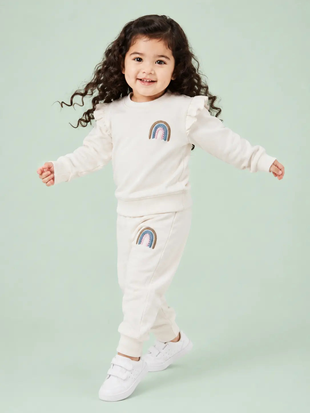 BloomUp Ivory Rainbow Applique Co-ord Set for Baby Girls – Soft Ruffle Sweatshirt & Jogger Pants Kids Outfit