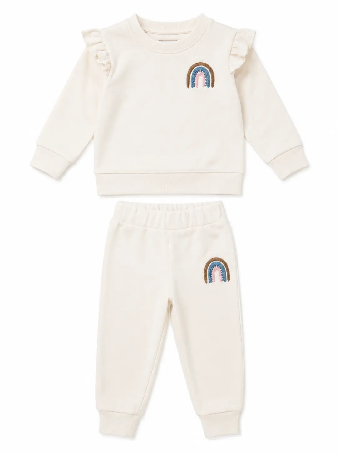 BloomUp Ivory Rainbow Applique Co-ord Set for Baby Girls – Soft Ruffle Sweatshirt & Jogger Pants Kids Outfit