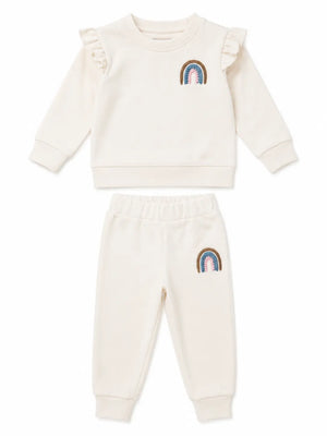 BloomUp Ivory Rainbow Applique Co-ord Set for Baby Girls – Soft Ruffle Sweatshirt & Jogger Pants Kids Outfit