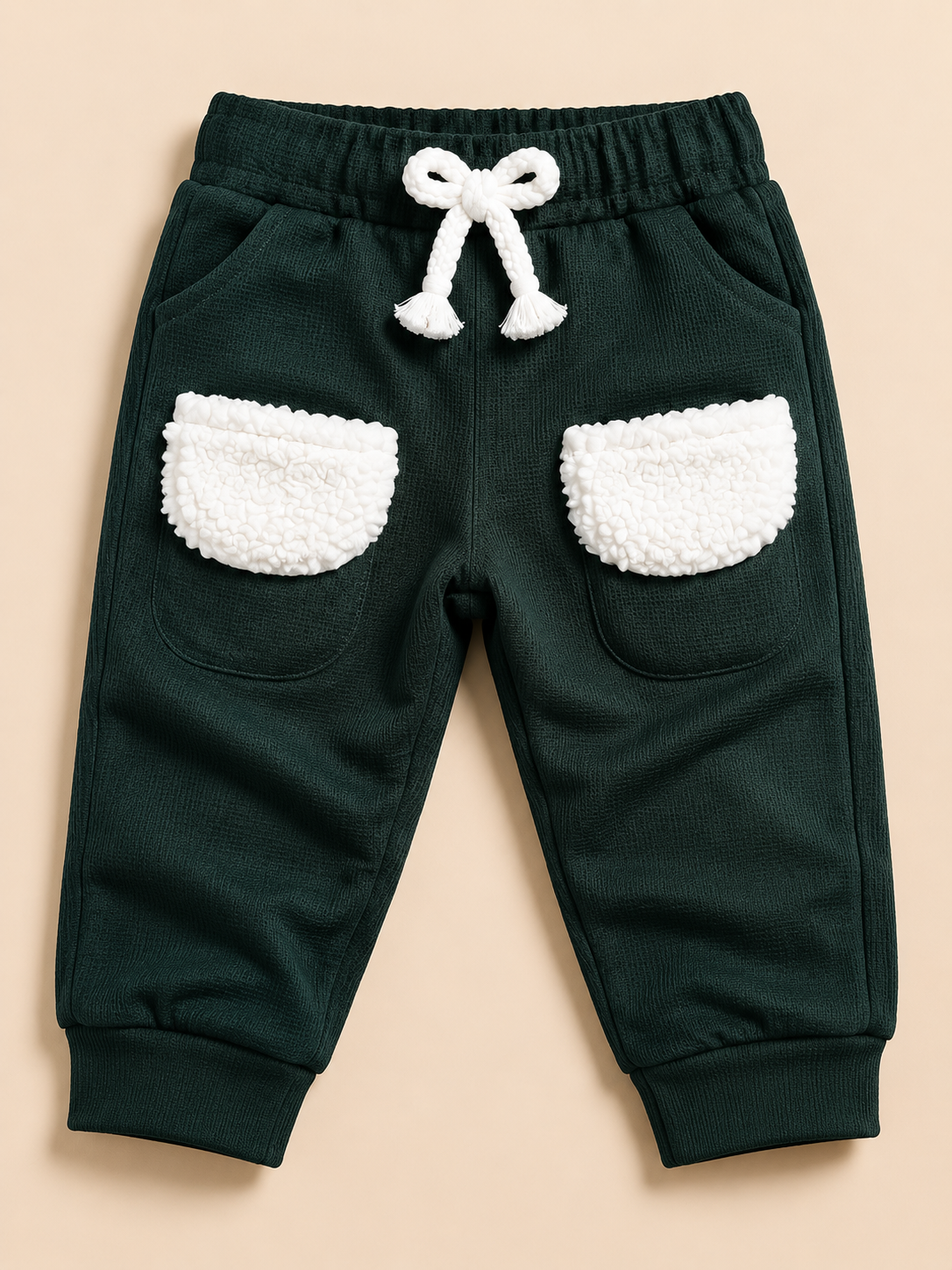 Dark Green Toddler Joggers with Fluffy White Pockets – Cozy & Playful Boys Pants BloomUp