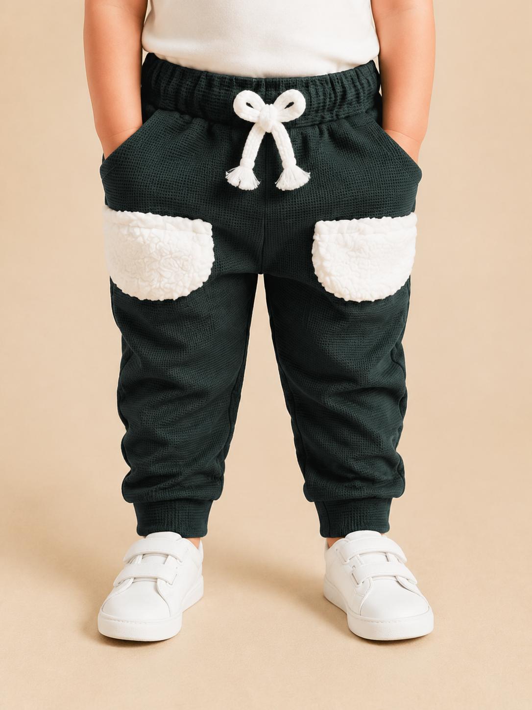 Dark Green Toddler Joggers with Fluffy White Pockets – Cozy & Playful Boys Pants BloomUp