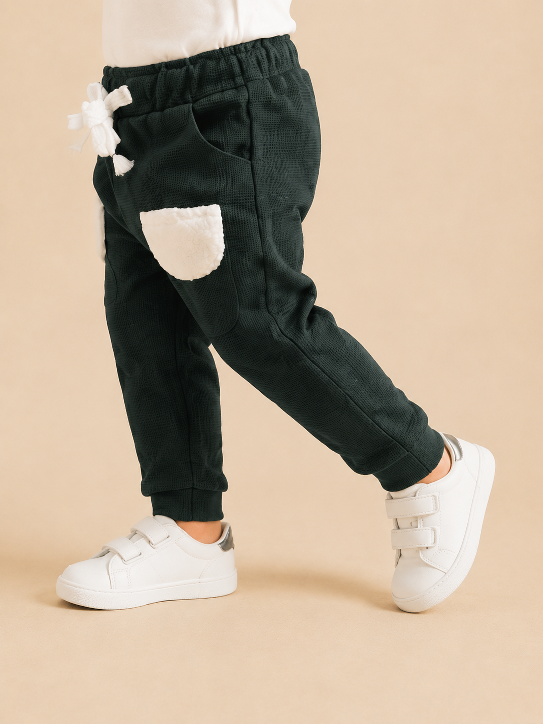 Dark Green Toddler Joggers with Fluffy White Pockets – Cozy & Playful Boys Pants BloomUp