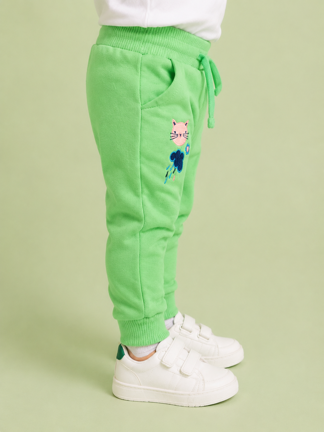 Bright Green Toddler Joggers with Cat Embroidery – Fun & Comfortable Boys Pants BloomUp