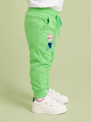 Bright Green Toddler Joggers with Cat Embroidery – Fun & Comfortable Boys Pants BloomUp