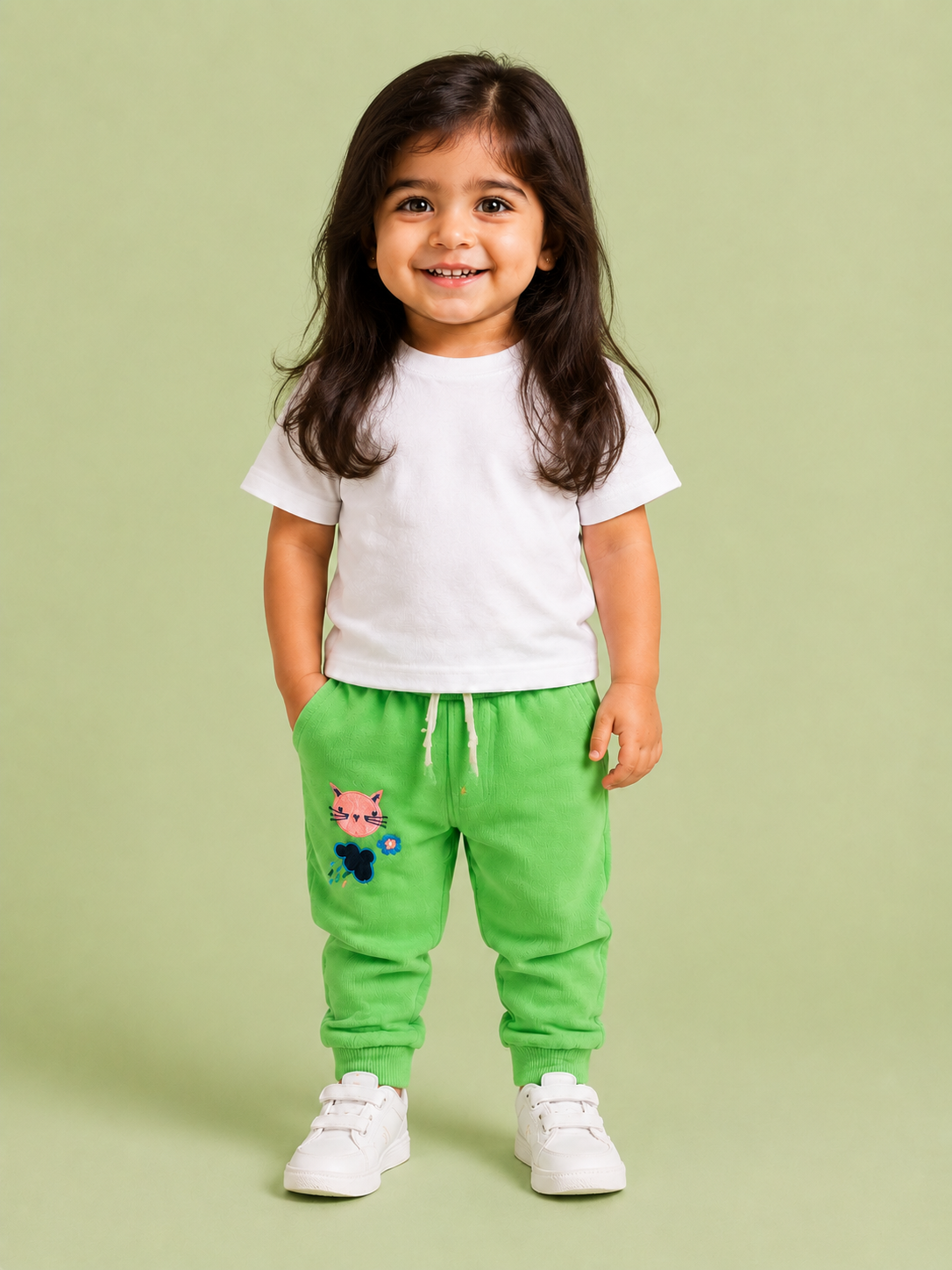 Bright Green Toddler Joggers with Cat Embroidery – Fun & Comfortable Boys Pants BloomUp