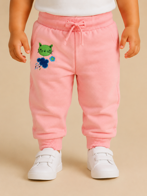 Pink Toddler Joggers with Cat Embroidery – Fun & Comfortable Girls Pants BloomUp