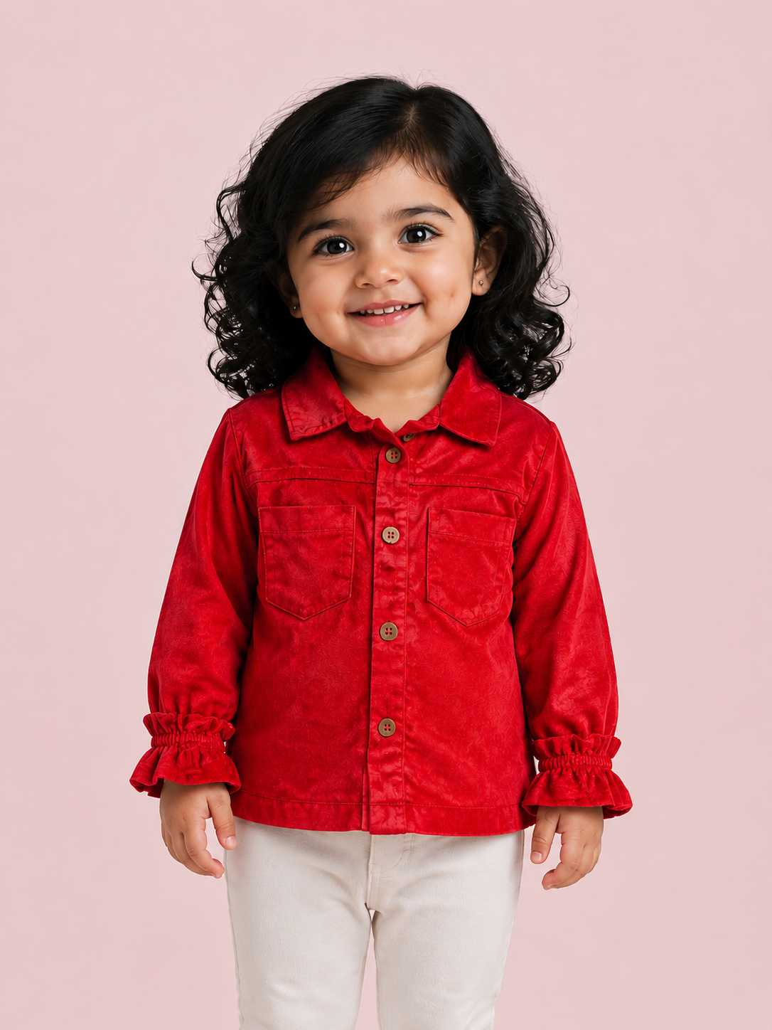 Red Button-Up Cotton Shirt with White Pants for Toddler Girls – Comfortable Daily Wear Outfit BloomUp