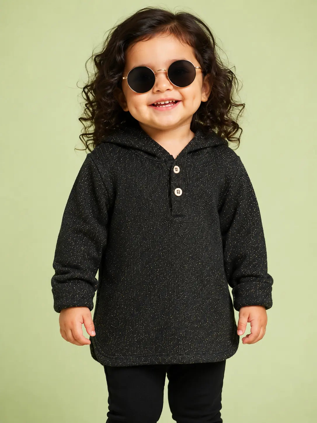 BloomUp Black Hooded Full Sleeve Henley T-Shirt for Boys – Soft Cotton Casual Wear with Hood