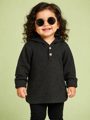 BloomUp Black Hooded Full Sleeve Henley T-Shirt for Boys – Soft Cotton Casual Wear with Hood