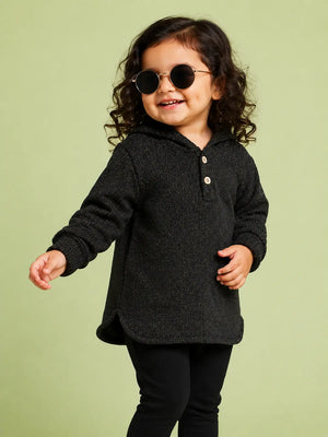 BloomUp Black Hooded Full Sleeve Henley T-Shirt for Boys – Soft Cotton Casual Wear with Hood