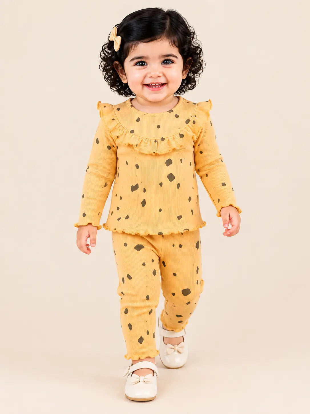 BloomUp Mustard Yellow Black Spot Print Ribbed Ruffle Top & Leggings Set for Girls – Soft Cotton Blend Baby Co-ord Outfit