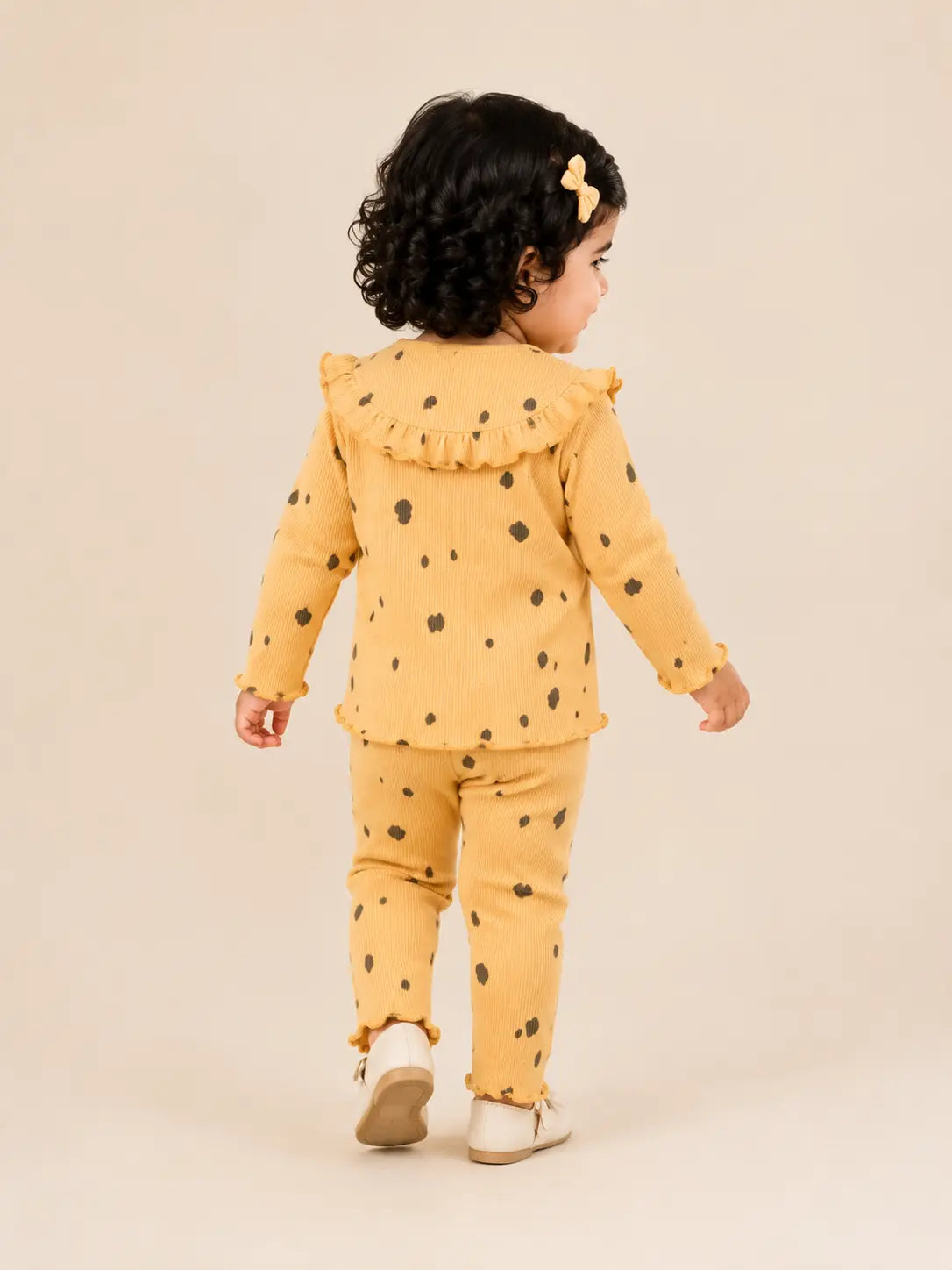 BloomUp Mustard Yellow Black Spot Print Ribbed Ruffle Top & Leggings Set for Girls – Soft Cotton Blend Baby Co-ord Outfit