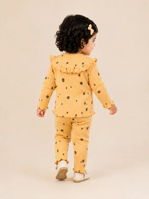 BloomUp Mustard Yellow Black Spot Print Ribbed Ruffle Top & Leggings Set for Girls – Soft Cotton Blend Baby Co-ord Outfit