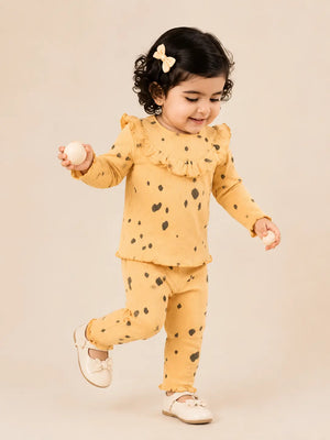 BloomUp Mustard Yellow Black Spot Print Ribbed Ruffle Top & Leggings Set for Girls – Soft Cotton Blend Baby Co-ord Outfit