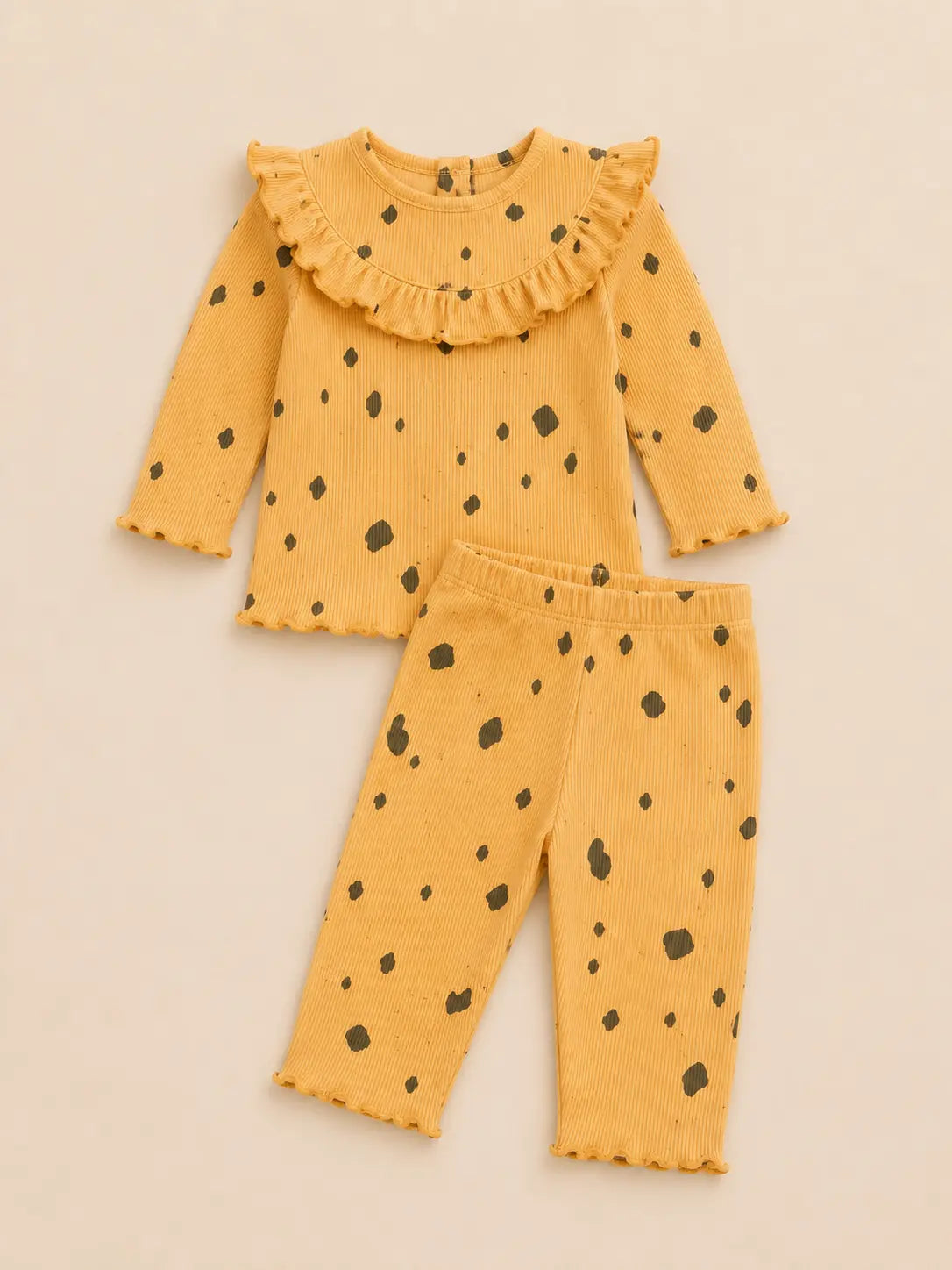 BloomUp Mustard Yellow Black Spot Print Ribbed Ruffle Top & Leggings Set for Girls – Soft Cotton Blend Baby Co-ord Outfit