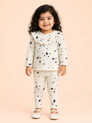 BloomUp White Black Spot Print Ribbed Ruffle Top & Leggings Set for Girls – Soft Cotton Blend Baby Co-ord Outfit