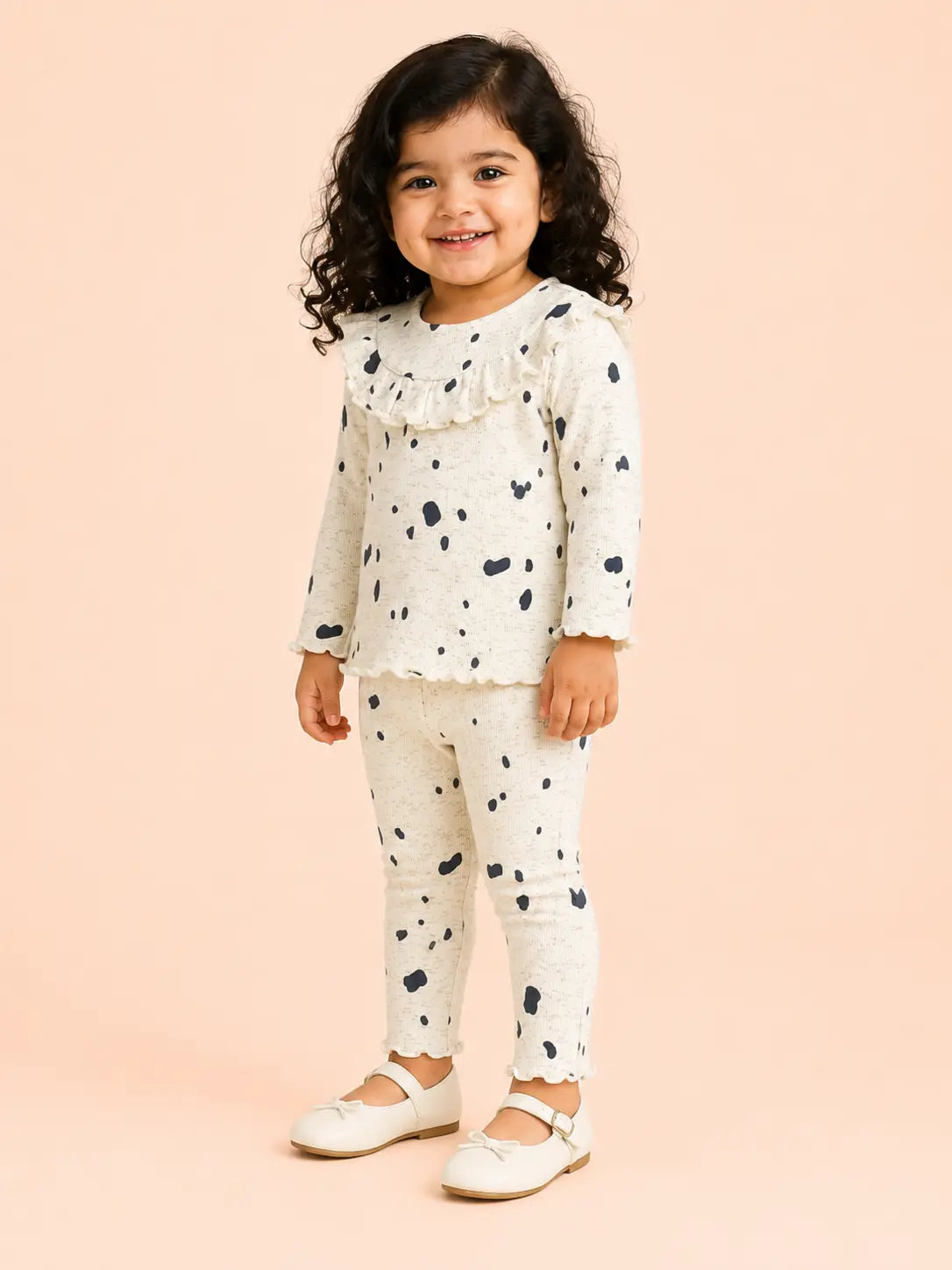 BloomUp White Black Spot Print Ribbed Ruffle Top & Leggings Set for Girls – Soft Cotton Blend Baby Co-ord Outfit