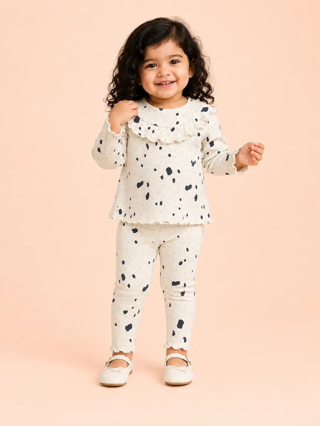 BloomUp White Black Spot Print Ribbed Ruffle Top & Leggings Set for Girls – Soft Cotton Blend Baby Co-ord Outfit