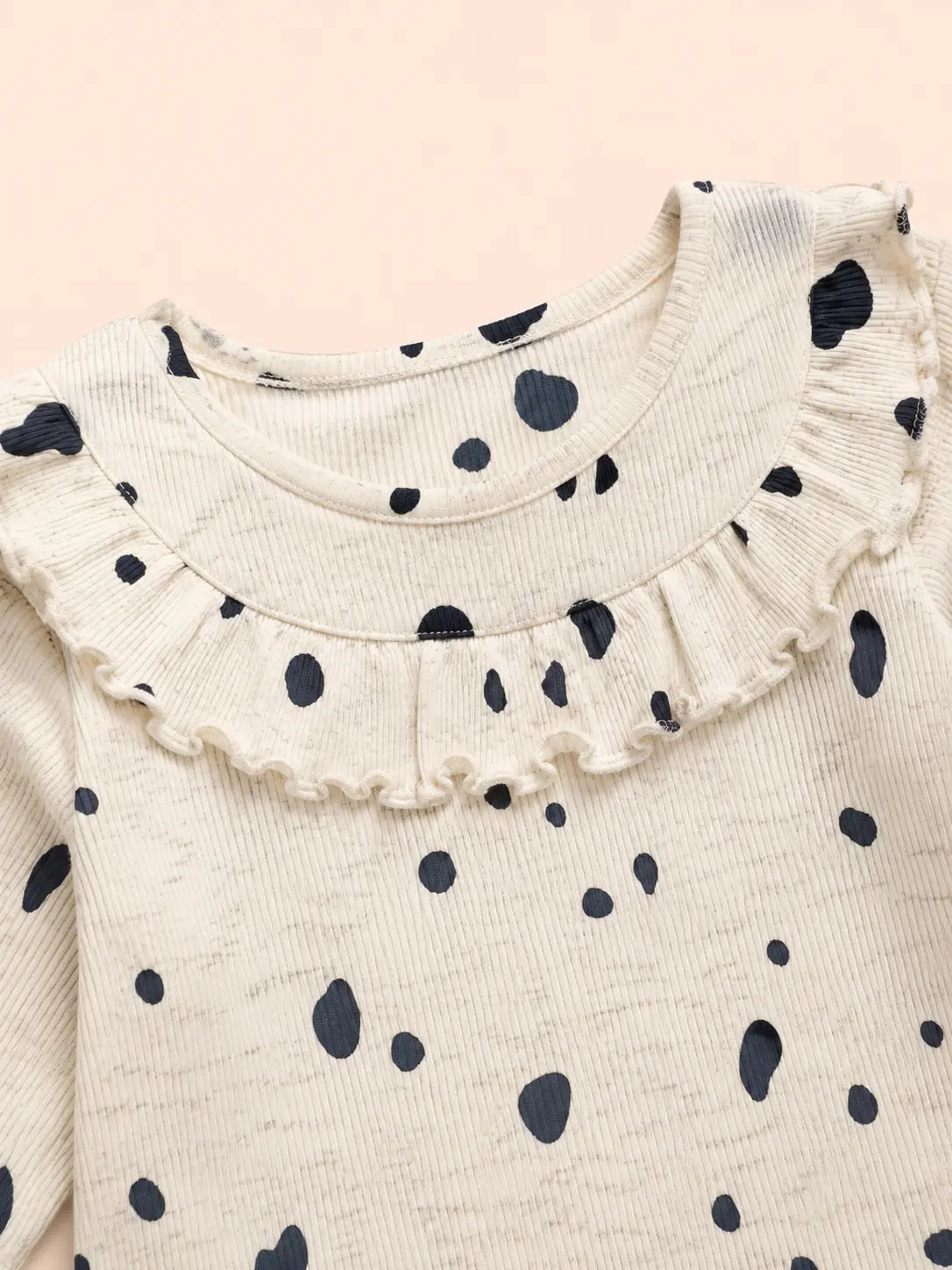 BloomUp White Black Spot Print Ribbed Ruffle Top & Leggings Set for Girls – Soft Cotton Blend Baby Co-ord Outfit