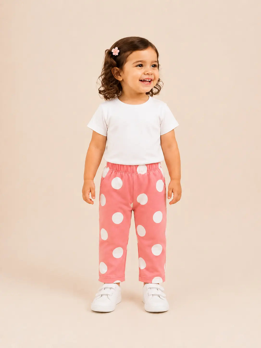 BloomUp Coral Pink Polka Dot Pants for Girls – Soft Cotton Kids Daily Wear Bottoms