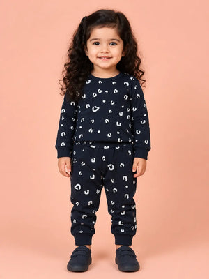 BloomUp Navy Blue Leopard Print Ribbed Co-ord Set for Baby Girls – Soft Full Sleeve Top & Jogger Pants Set