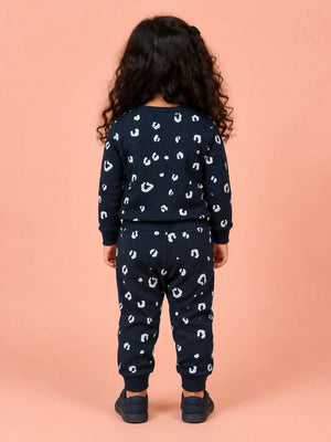 BloomUp Navy Blue Leopard Print Ribbed Co-ord Set for Baby Girls – Soft Full Sleeve Top & Jogger Pants Set