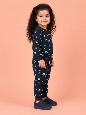 BloomUp Navy Blue Leopard Print Ribbed Co-ord Set for Baby Girls – Soft Full Sleeve Top & Jogger Pants Set