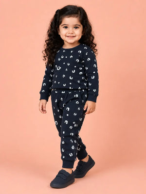 BloomUp Navy Blue Leopard Print Ribbed Co-ord Set for Baby Girls – Soft Full Sleeve Top & Jogger Pants Set