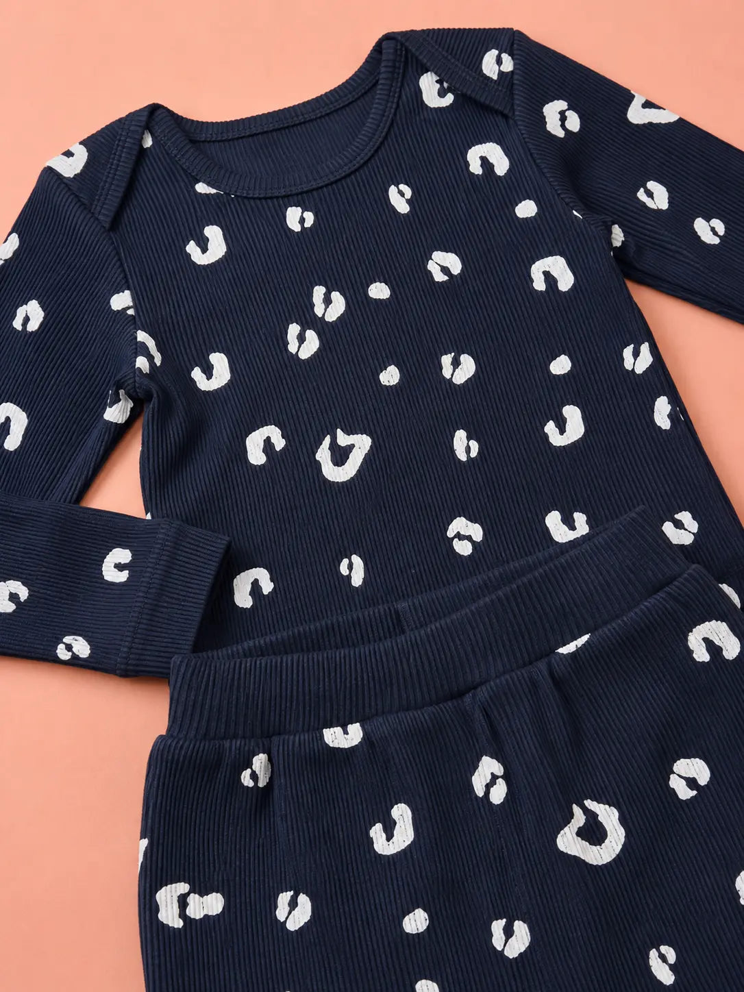 BloomUp Navy Blue Leopard Print Ribbed Co-ord Set for Baby Girls – Soft Full Sleeve Top & Jogger Pants Set