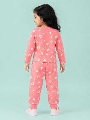 BloomUp Coral Pink Leopard Print Ribbed Co-ord Set for Baby Girls – Soft Full Sleeve Top & Jogger Pants Set