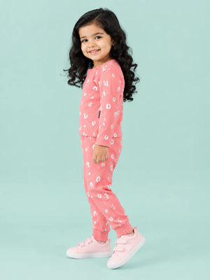 BloomUp Coral Pink Leopard Print Ribbed Co-ord Set for Baby Girls – Soft Full Sleeve Top & Jogger Pants Set