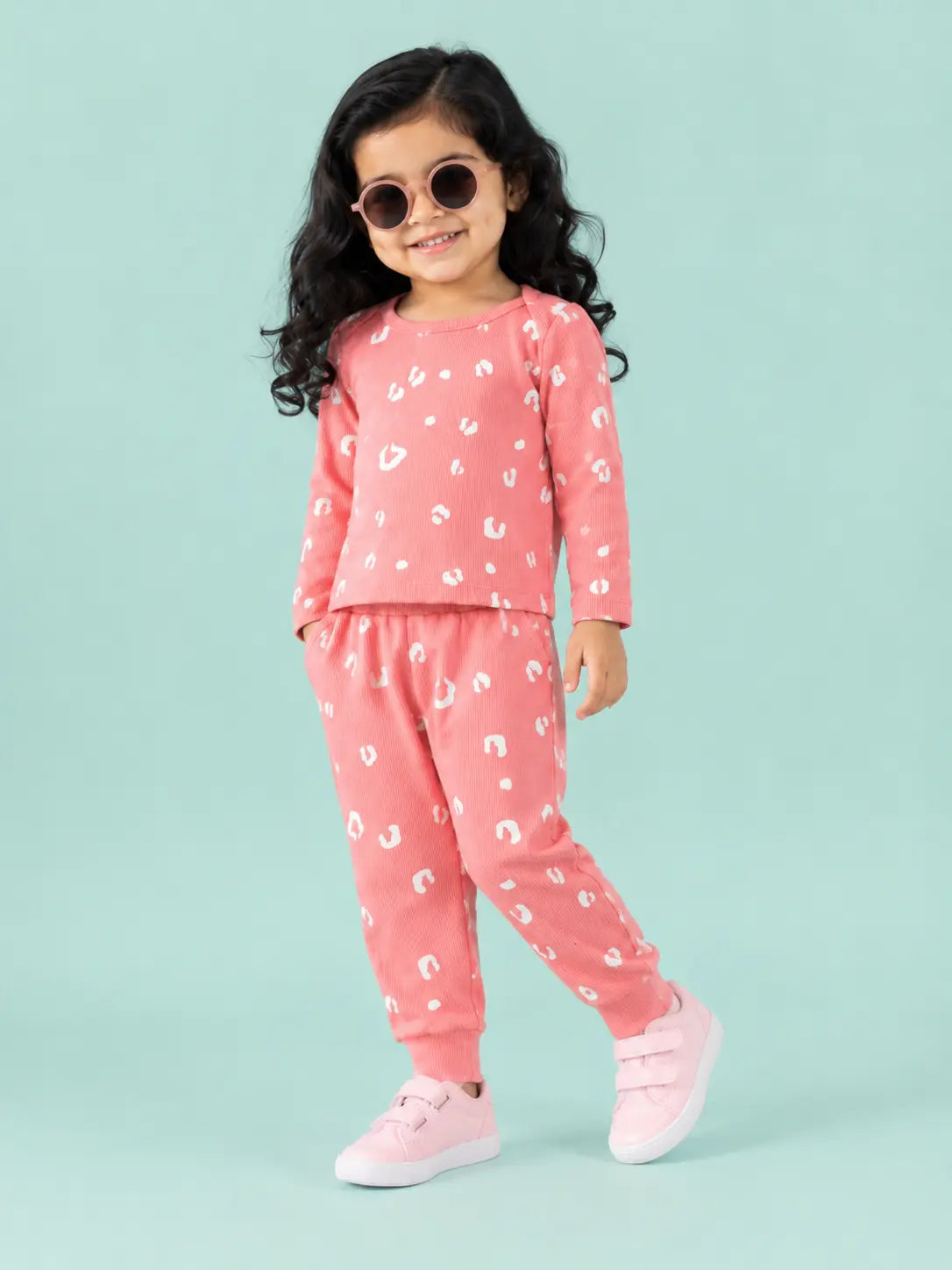 BloomUp Coral Pink Leopard Print Ribbed Co-ord Set for Baby Girls – Soft Full Sleeve Top & Jogger Pants Set