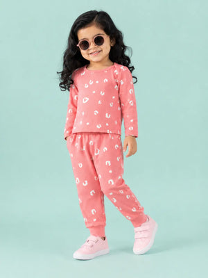 BloomUp Coral Pink Leopard Print Ribbed Co-ord Set for Baby Girls – Soft Full Sleeve Top & Jogger Pants Set