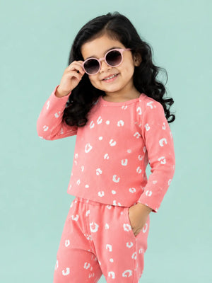 BloomUp Coral Pink Leopard Print Ribbed Co-ord Set for Baby Girls – Soft Full Sleeve Top & Jogger Pants Set