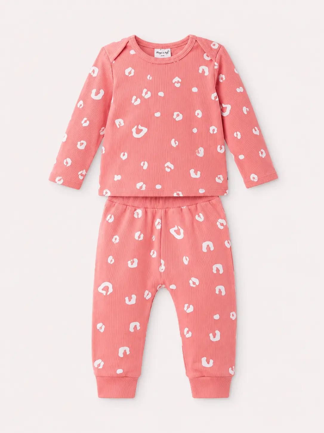 BloomUp Coral Pink Leopard Print Ribbed Co-ord Set for Baby Girls – Soft Full Sleeve Top & Jogger Pants Set