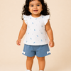 White Floral Top & Dusty Blue Shorts Set for Girls – Soft Cotton Casual Summer Outfit