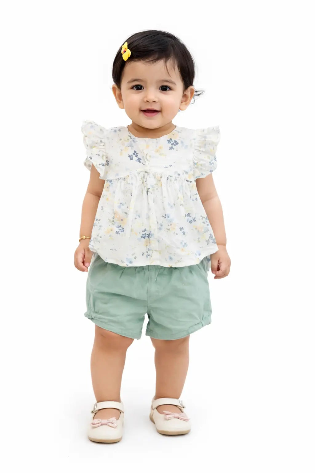 Bloomup Kids Floral Top and Sage Green Shorts Set - Ruffle Sleeve Girl's Outfit Bloom Up